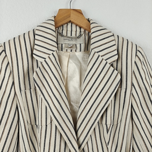 KAREN MILLEN Linen Blend Blazer Jacket Button Up Cream Striped Womens Size 8 - Picture 4 of 16
